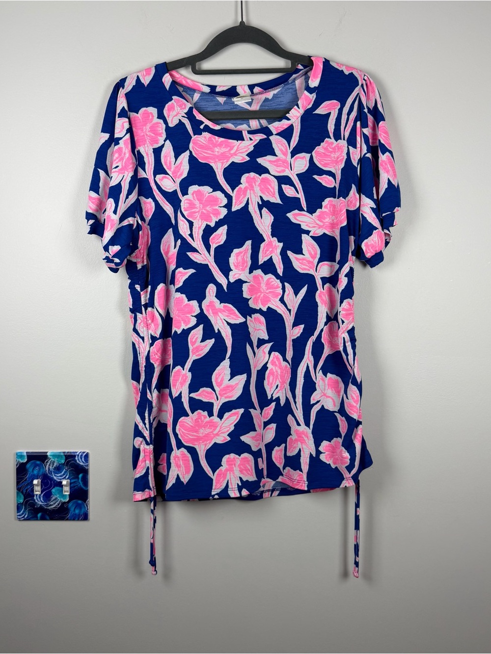 Sew in Love Blue Pink Floral Side Ruched Tie Blouse Top Tropical Medium